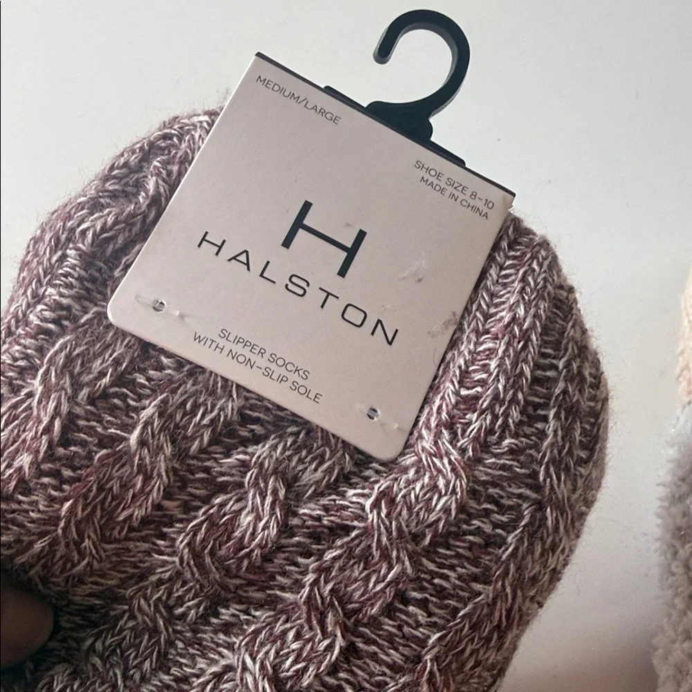 H Halston Slipper Socks 2 Pairs. Tan / Peach  and Burgundy Medium / Large